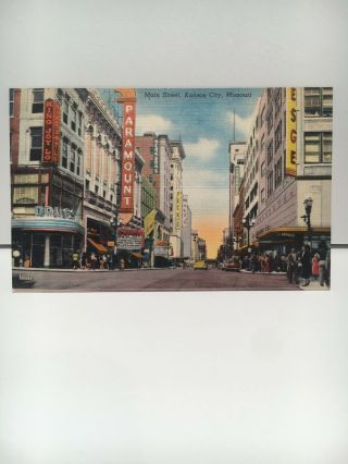 Main Street Kansas City Missouri Linen Vintage Postcard