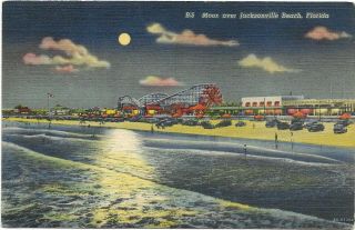 Linen Postcard 1943,  Amusement Park,  Moon Over Jacksonville Beach,  Florida