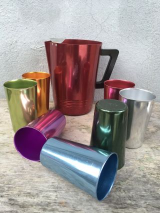 8pc Bascal Regal Vintage Colorful Aluminum Tumblers Glasses Pitcher Drink Set