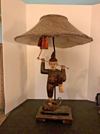 Vintage Spectacular Frederick Cooper Dancing Bali Figure Teak Wood Table Lamp