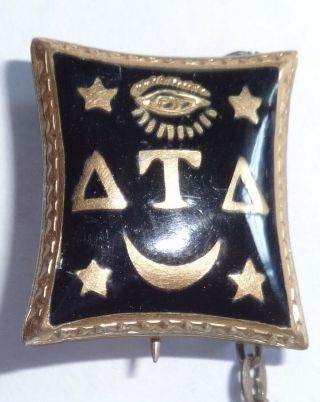 Delta Tau Delta Badge - 10k Gold Enamel Vintage Fraternity Pin w/ chain 2