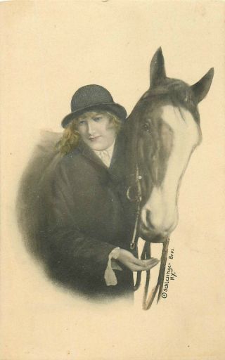Woman Equestrian W/her Horse Schlesinger Bros.  P/c