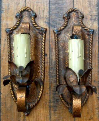 Pair Vintage Hammered Copper Finish Wall Sconce Candle Polychrome Paint