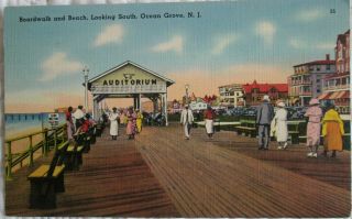 C1940s Boardwalk And Beach Looking South At Ocean Grove Jersey Postcard View