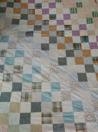 Vintage Quilt Top Cotton Shirting Feedsack? Squares Queen Sized Handmade Cutter