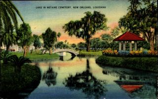 Lake In Metaire Cemetery Orleans Louisiana La 1940s Linen Postcard