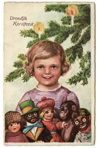 Black Americana Girl With Black Doll Monkey Dolls Merry Christmas Postcard