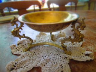 Antique Vintage Brass Seahorse Sea Serpent Dragon Footed Bowl
