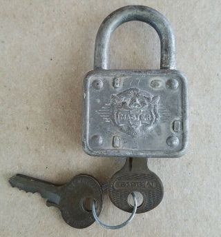 Vintage Master Lock 77 Lion Ornate Tiger Face Padlock Lock W/ 2 Keys Usa