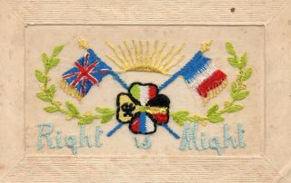 Right Is Might: 1916: Ww1 Patriotic Embroidered Silk Postcard