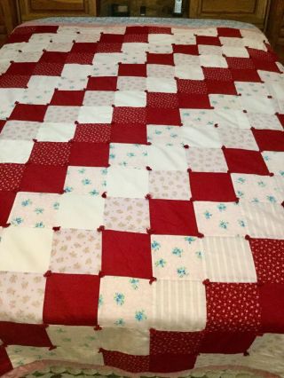 Vintage Handmade Patchwork Quilt Twin Red & Pink Hand Tied 74x87