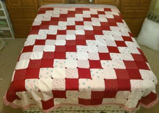 Vintage Handmade Patchwork Quilt Twin Red & Pink Hand Tied 74x87 2