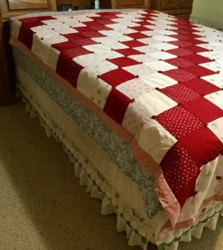 Vintage Handmade Patchwork Quilt Twin Red & Pink Hand Tied 74x87 3