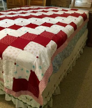 Vintage Handmade Patchwork Quilt Twin Red & Pink Hand Tied 74x87 4