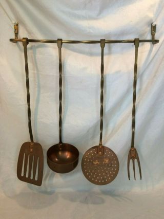 Vintage Brass & Copper Kitchen Utensils Hanging Bar Country French Cottage Chic