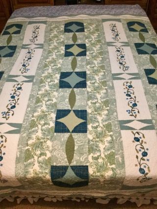 Vintage Patchwork And Embroidered Quilt Green & Blue Full/queen 82x88
