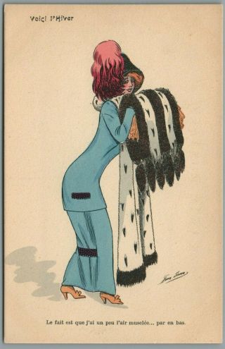 Artist Signed Xavier Sager French Lady Big Hat,  Fur Throw France Postcard
