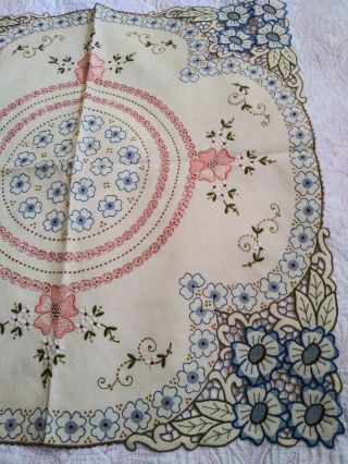 Museum Quality Colorful Madeira Cutwork & Embroidery Tablecloth 28 By 27 1/2 "