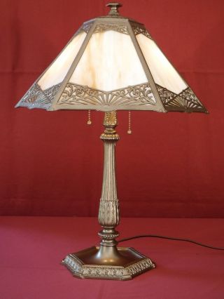 1920s Art Deco 2 - Light Table Lamp W/ Slag Glass Shade - Miller