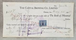 Vintage 1925 Cancelled Cheque From The Capital Brewing Co.  Limited.