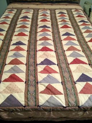 Vintage Flying Geese Quilt Navy Cream Pink Blue 85 X 97 " Home Sewn