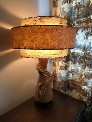 Vintage Mid - Century Gold And Peach Lamp With Fiberglass 2 Tier Shade.
