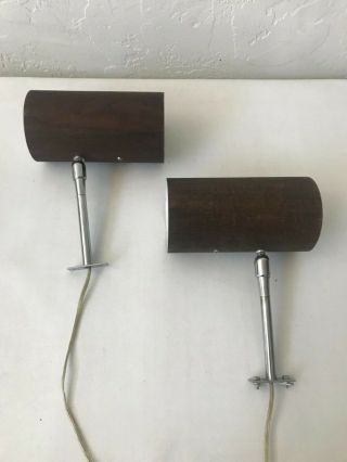 Vintage Mid Century Modern Wood Lamented Cone Wall Sconces Lamps With Pivot