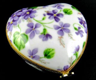 Lily Creek Porcelain Heart Shaped Trinket Box Hand Painted Violets (e23)