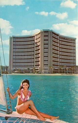 Vintage Chrome Postcard Hi E142 Sheraton Waikiki Hotel Woman On Boat