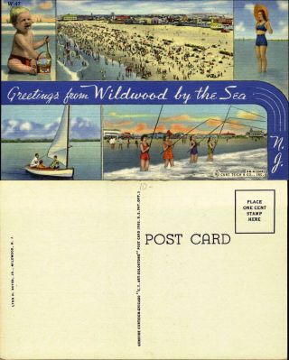Greetings From Wildwood By The Sea Jersey Fishing Sailing Beach 1940s