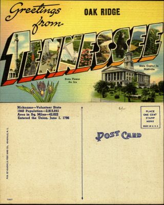 Greetings Oak Ridge Tennessee Large Letter Flower Iris Nashville Linen 1940s