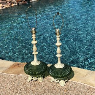 Matching Vintage Mid Century Modern Green Glass Table Lamps Mcm Lights