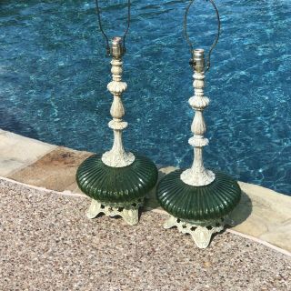 Matching Vintage Mid Century Modern Green Glass Table Lamps MCM Lights 7