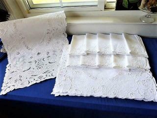 Vintage Hand Embroidery Reticella & Needlelace White Linen Placemat Set 21 Pc