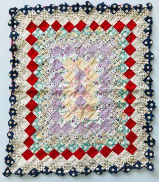 Antique Doll Bed Quilt Flour Sack Fabrics Patchwork Diamond Pattern 15 X 12.  5 "