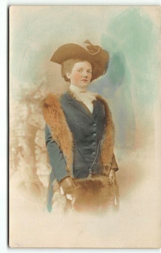 Atlantic City Souvenir Woman In Antique Fashion Clothing Fur Rppc Photo Postcard