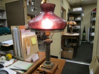 ANTIQUE SIGNED E MILLER LAMP BASE WITH NEW/OLD STOCK SHADE 12