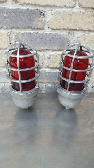 2 - Vtg Explosion Proof Crouse - Hinds Red Glass Globe W/cage Light Industrial