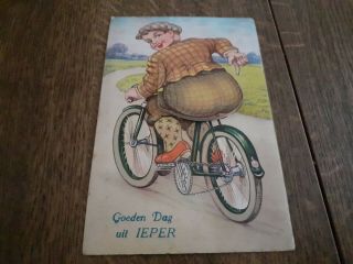 Posted 1946?novelty Postcard (pull Out View) " Ieper " (ypres/belgium) Fat Woman Cycle