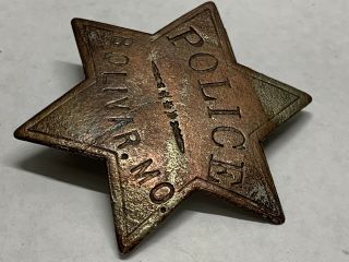 Obsolete late 1800 ' s Bolivar Mo Copper Police Badge by W.  W.  Wilcox Chicago 2