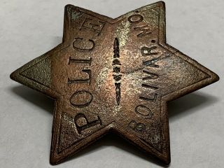 Obsolete late 1800 ' s Bolivar Mo Copper Police Badge by W.  W.  Wilcox Chicago 3
