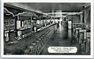 Ottawa,  Illinois Postcard Senate Tavern " Longest Bar In The World " 606 Court St.