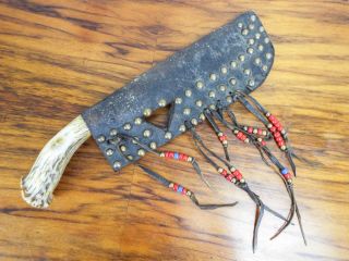 Antique 19th C Stag Horn Indian Native American Knife Leather Studded Sheath