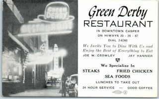 Casper,  Wyoming Postcard " Green Derby Restaurant " Night View Roadside 1953