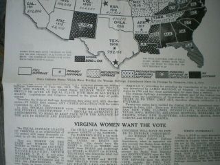 VOTES FOR WOMEN SUFFRAGE VICTORY MAP VIRGINIA CARRIE CATT BROADSIDE 10 X 14 4