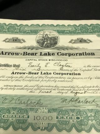 Lake ArrowHead California 1925 Arrow - Bear Lake Corporation Stock Certificate 4