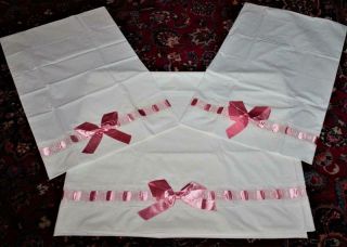 Vintage Queen Flat Sheet & Pair Pillowcases Eyelet Lace Pink Satin Ribbon Bows