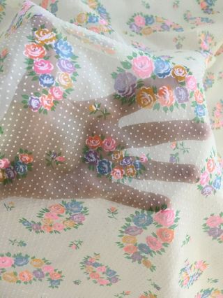 Vintage Flocked Swiss Dot Sheer Fabric 96 x 34 Floral Cabbage Roses Flowers 5