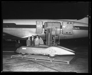 N324 C.  1953 Negative.  Men By " Shadoff " Special Race Car,  United Airlines Plane