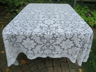 Vtg Quaker Style Lace Tablecloth White Cotton Floral Leaves 82x62